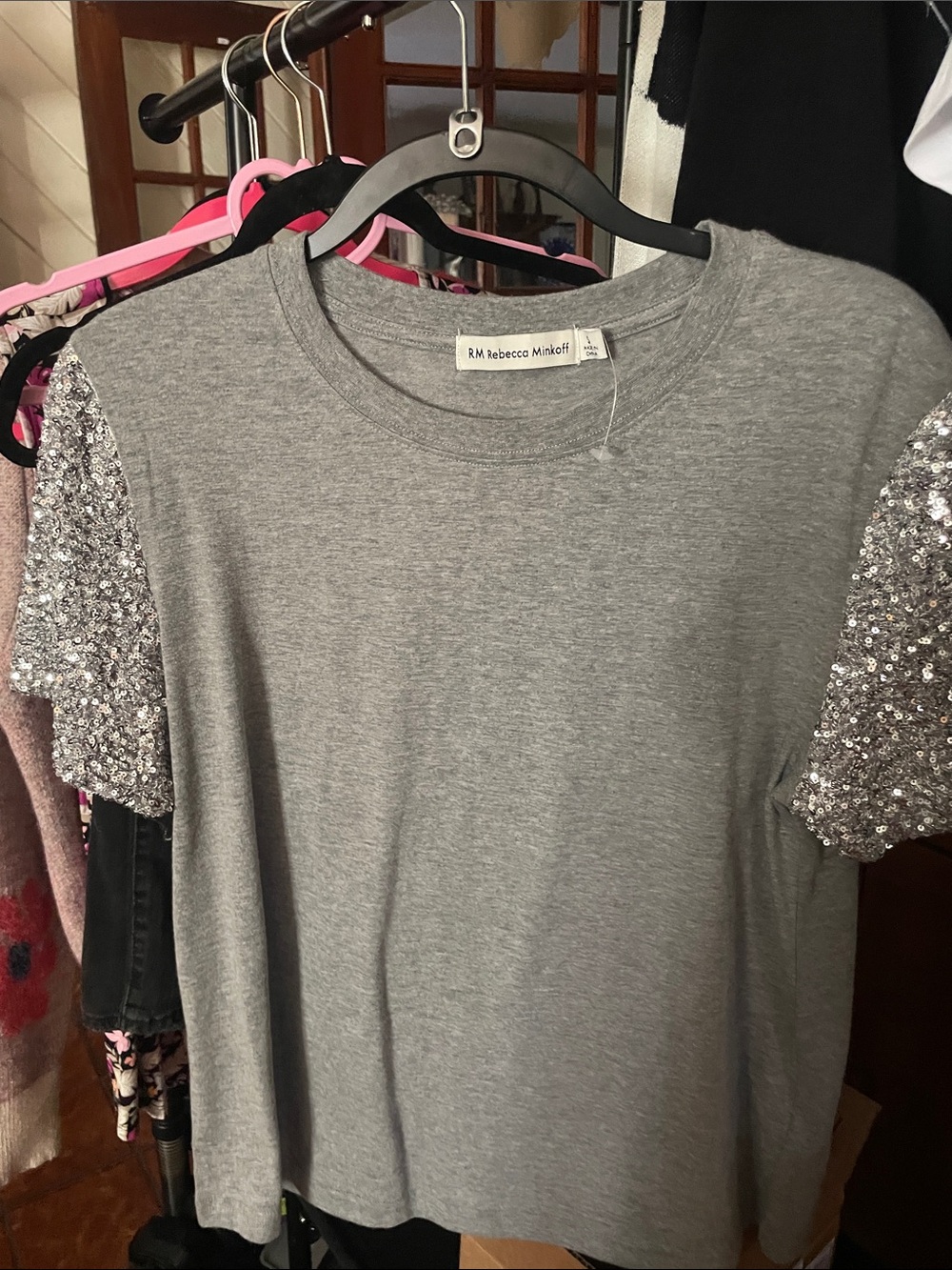 Rebecca Minkoff Gray Tee with Silver Sequin Short Sleeves
